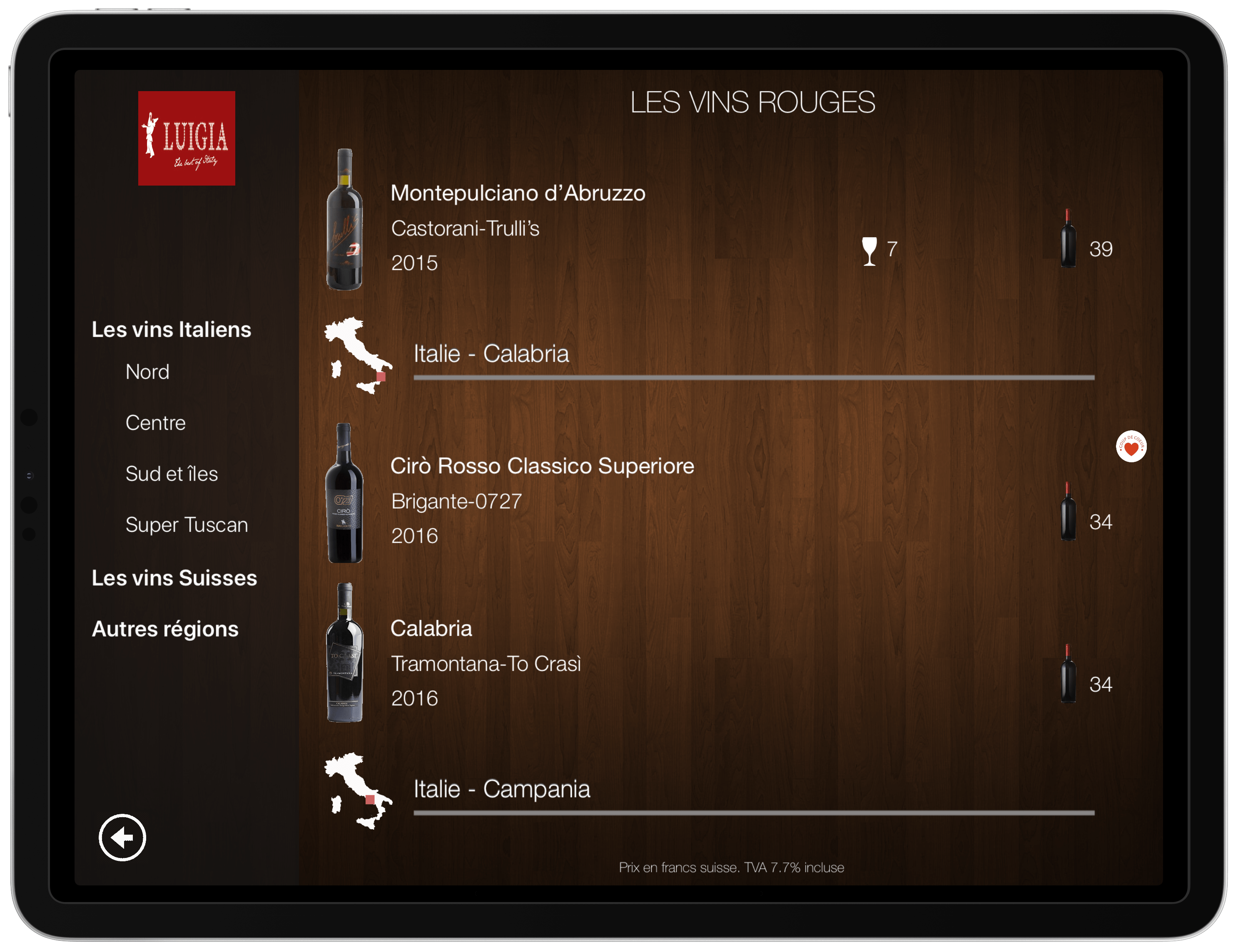 Carte vins iPad tablette