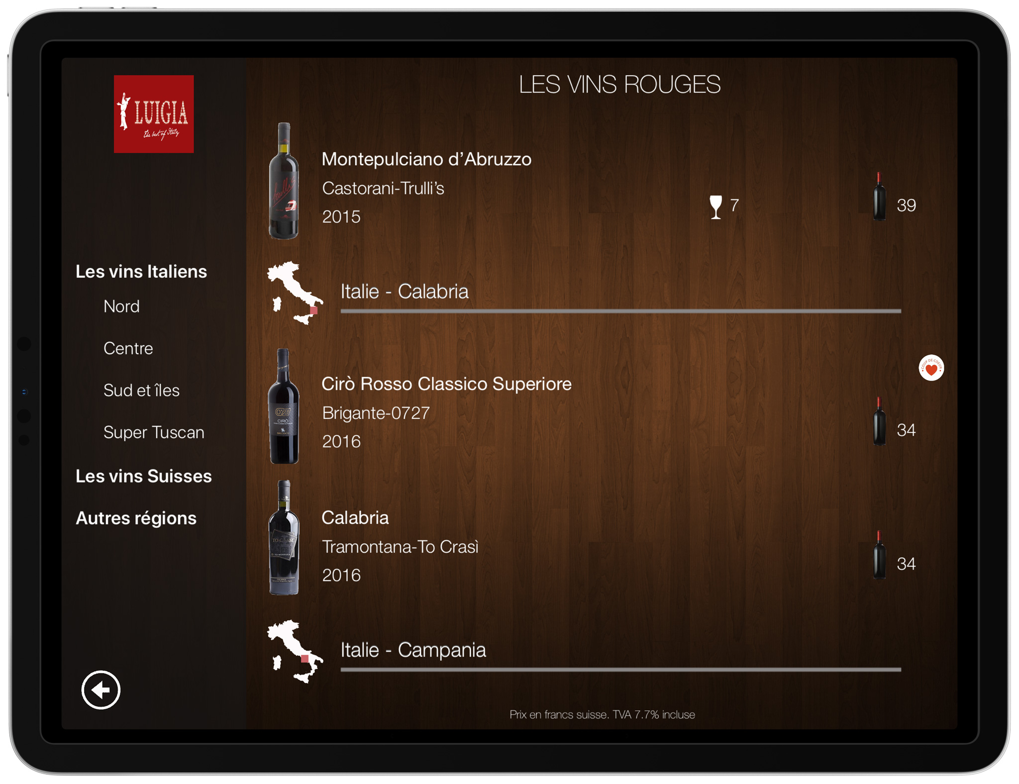 Wine list iPad Italian