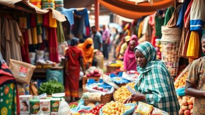 Local market in Sub-Saharan Africa with vibrant vendor activity.