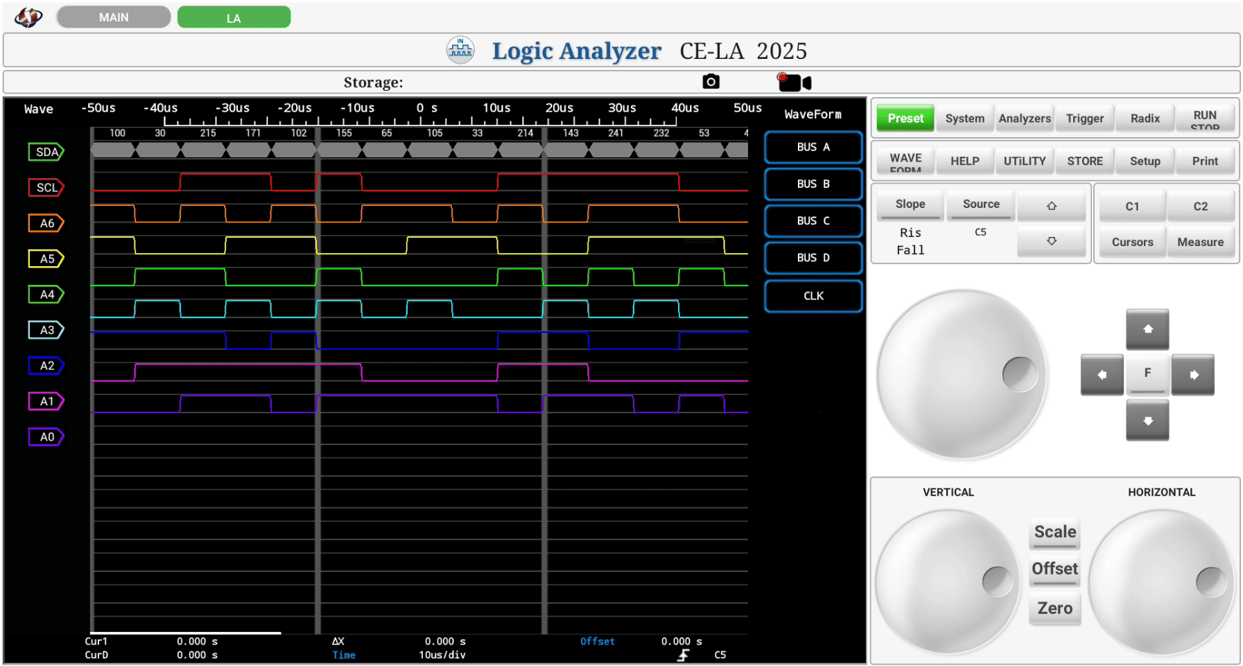 Interface of the Logic Analyzer, displaying digital signal analysis tools.