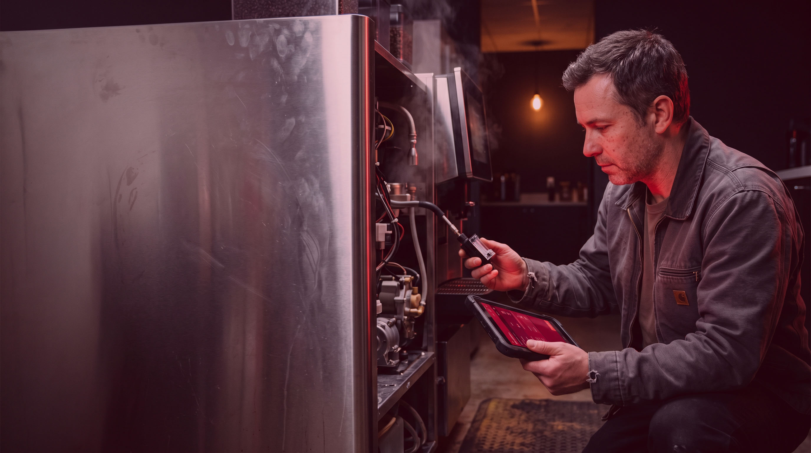 Coffee service technician on a first-time fix service call