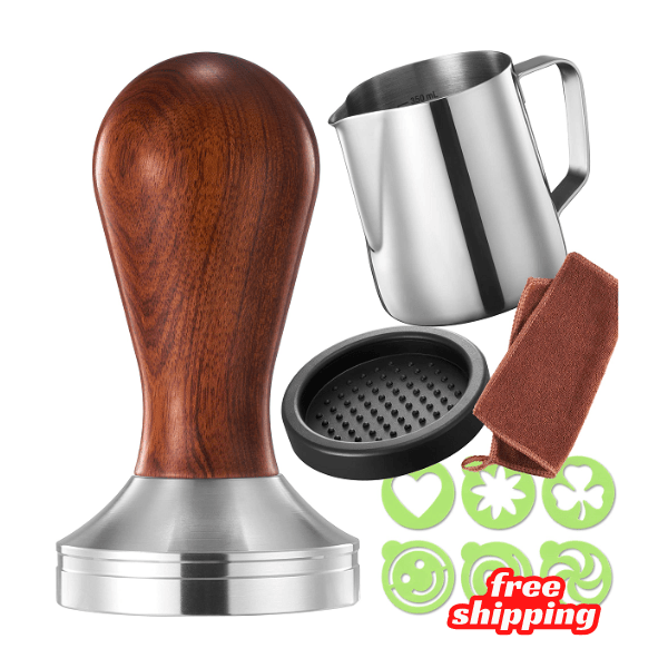 51mm Espresso Tamper Set – 304 Stainless Steel With Silicone Tamper Mat – Brown Handle