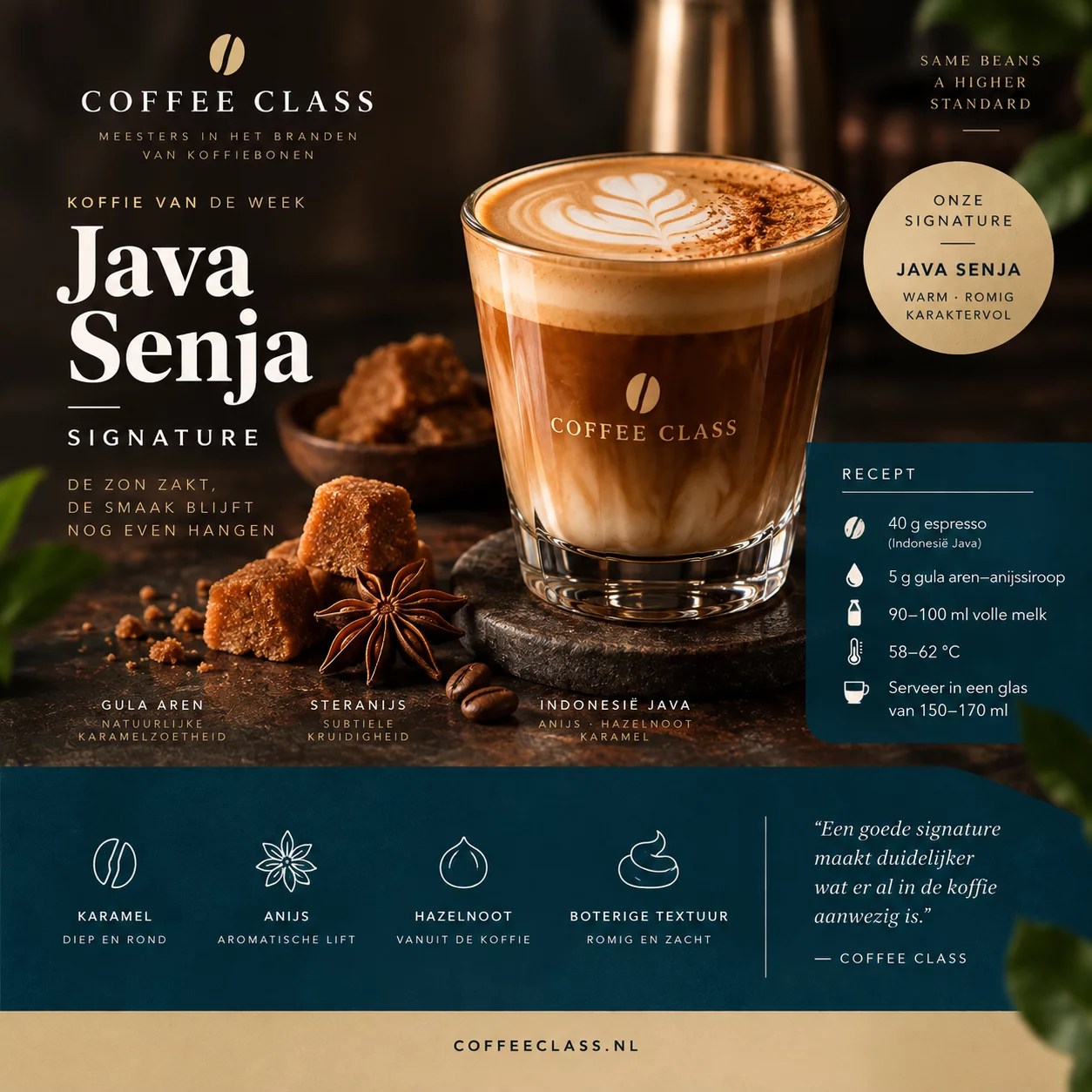 Java Senja signature coffee met Indonesië Java, gula aren, steranijs en melk