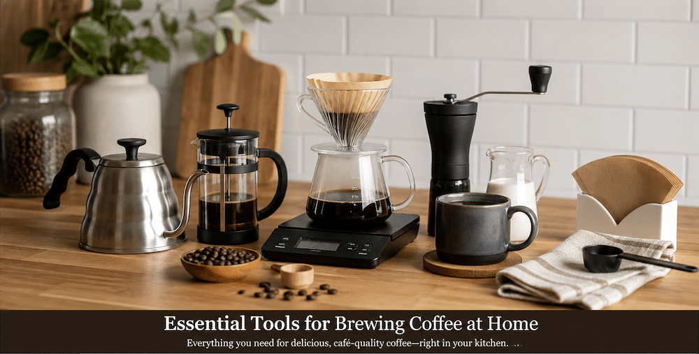 Home coffee setup with essential brewing tools including kettle, grinder, scale, French press, dripper, mug, and coffee beans on a kitchen counter