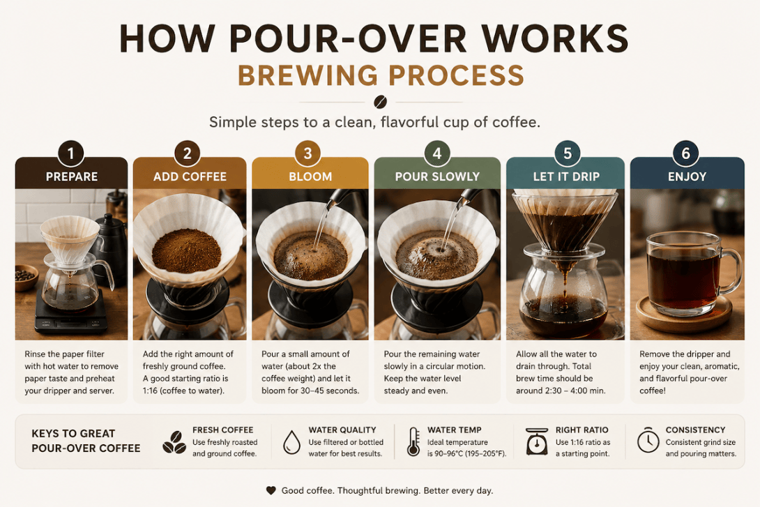 Six-step pour-over brewing process, including filter preparation, bloom and slow pouring
