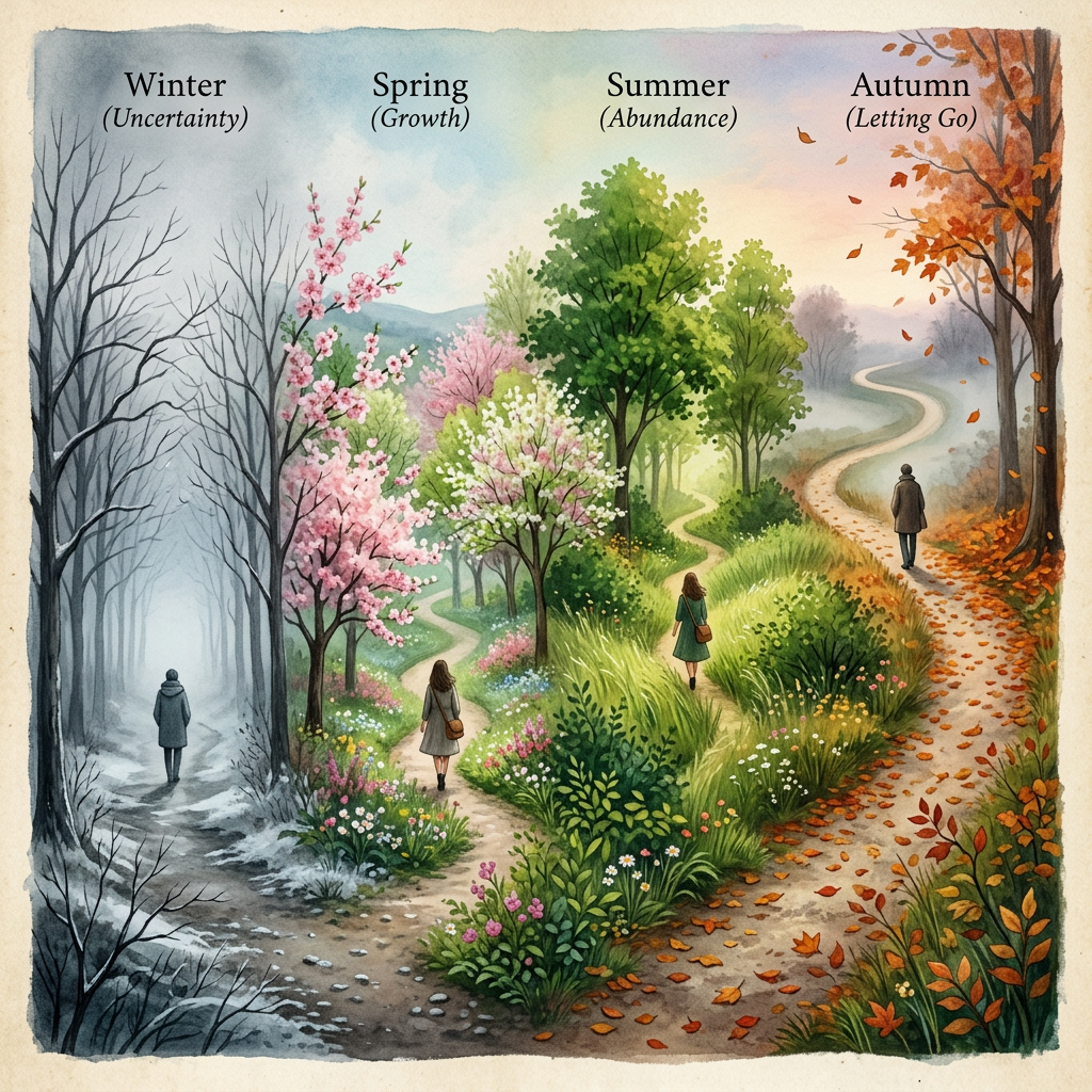 Four seasonal landscapes labeled Winter, Spring, Summer, and Autumn with symbolic themes