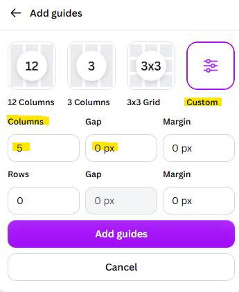 A screenshot showing the custom guidelines to outline the margins of your Instagram carousel to create seamless carousels In Canva.
