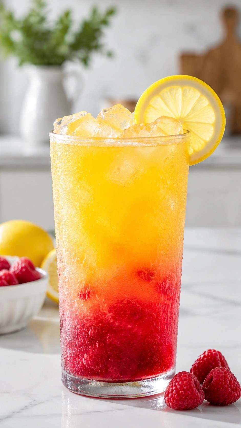 Refreshing Raspberry Lemon Drop Loaded Tea with yellow and red layers, lemon wheel, and berries on a white marble counter.