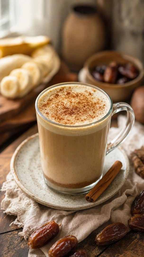 A steaming, frothy cinnamon banana date latte in a clear mug with a cinnamon stick, dates, and banana slices on a wooden table.