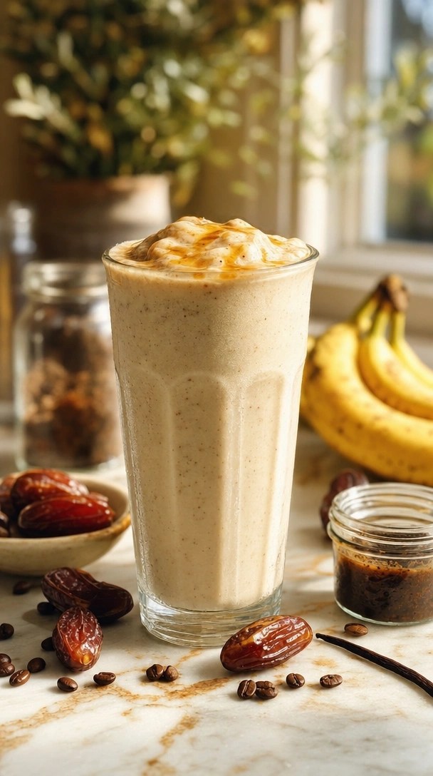 A thick, creamy vanilla banana date frappe with maple syrup drizzle in a cafe-style glass, with vanilla paste and coffee beans.
