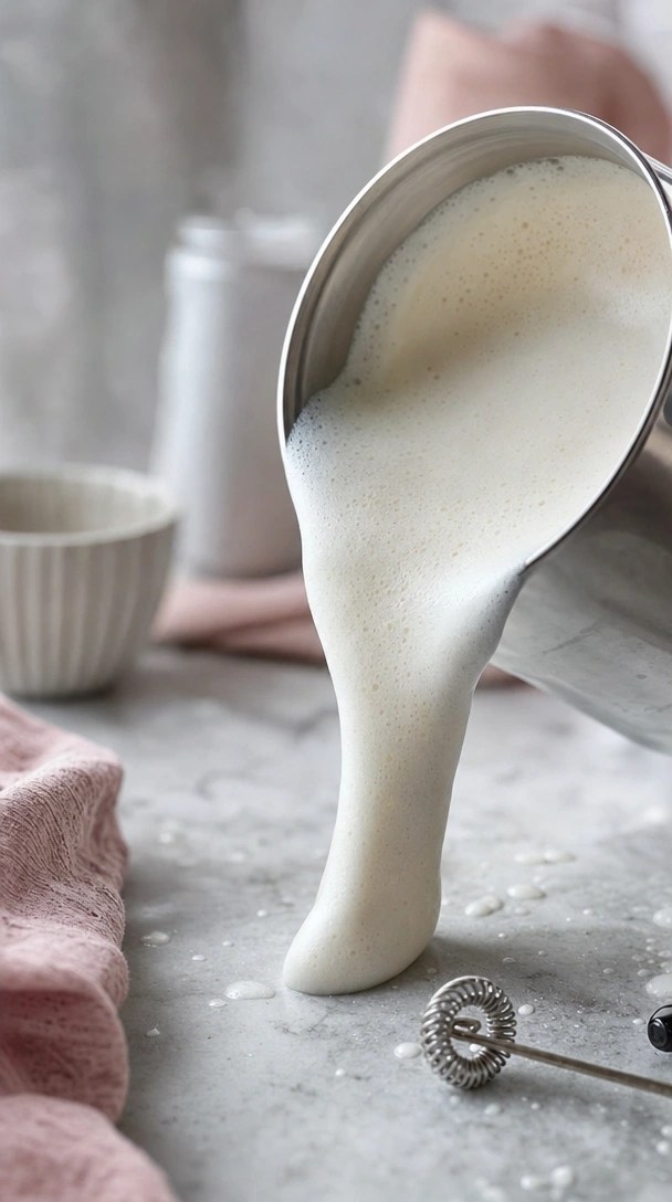 Thick, velvety cold foam pouring from a steel pitcher onto a marble countertop with a handheld frother nearby.