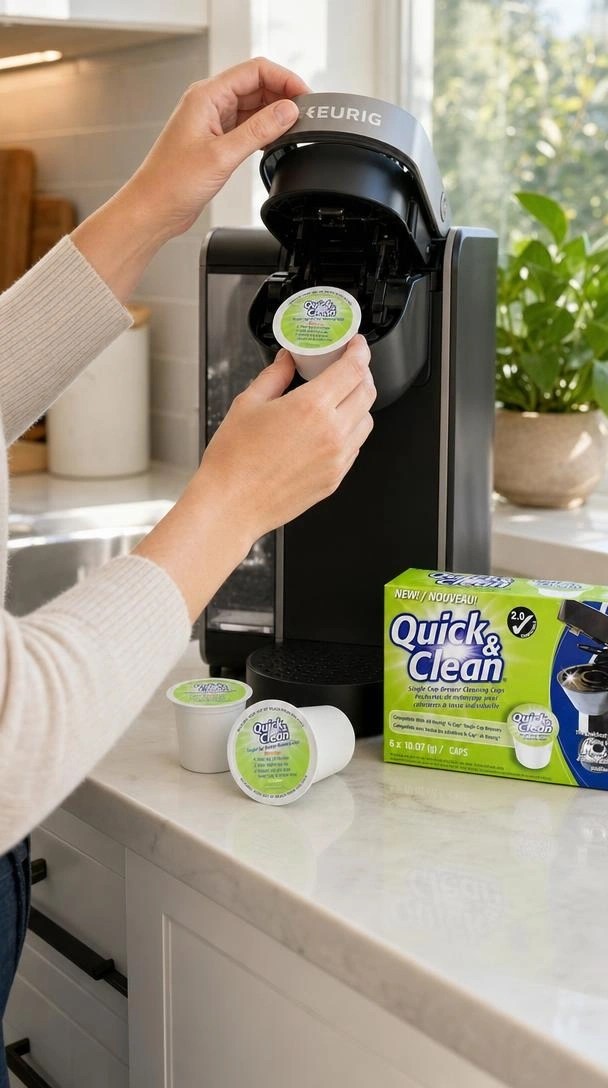 Testing Quick & Clean Keurig cleaning pods in a single-serve coffee maker to remove bitter oils