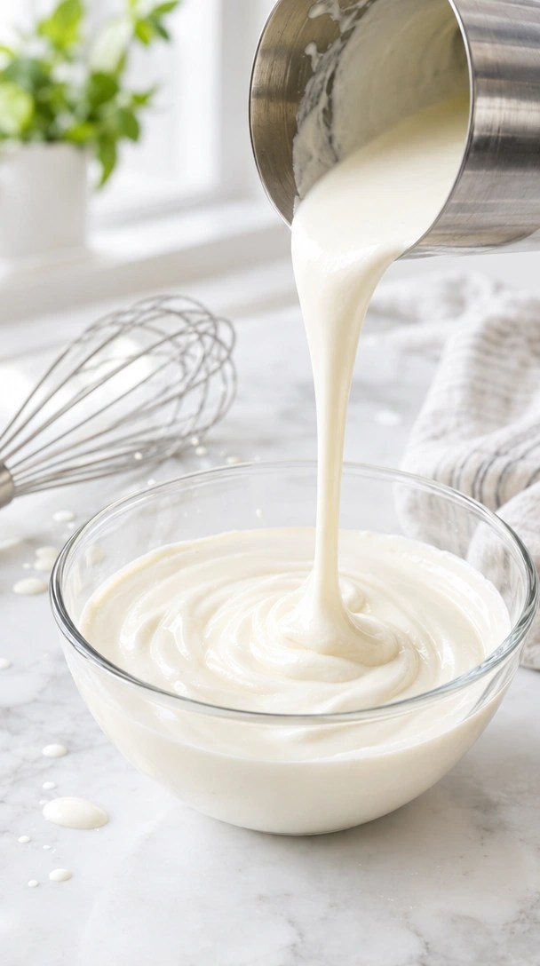Velvety, lightly whipped heavy cream pours smoothly from a metal pitcher onto a bright marble counter beside a wire whisk.