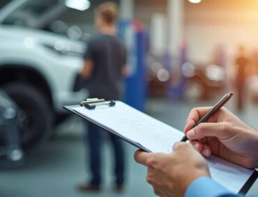 Person with clipboard writes notes in car repair shop. Mechanic checks auto service report near vehicles indoor. Professional assesses vehicle condition for customer.