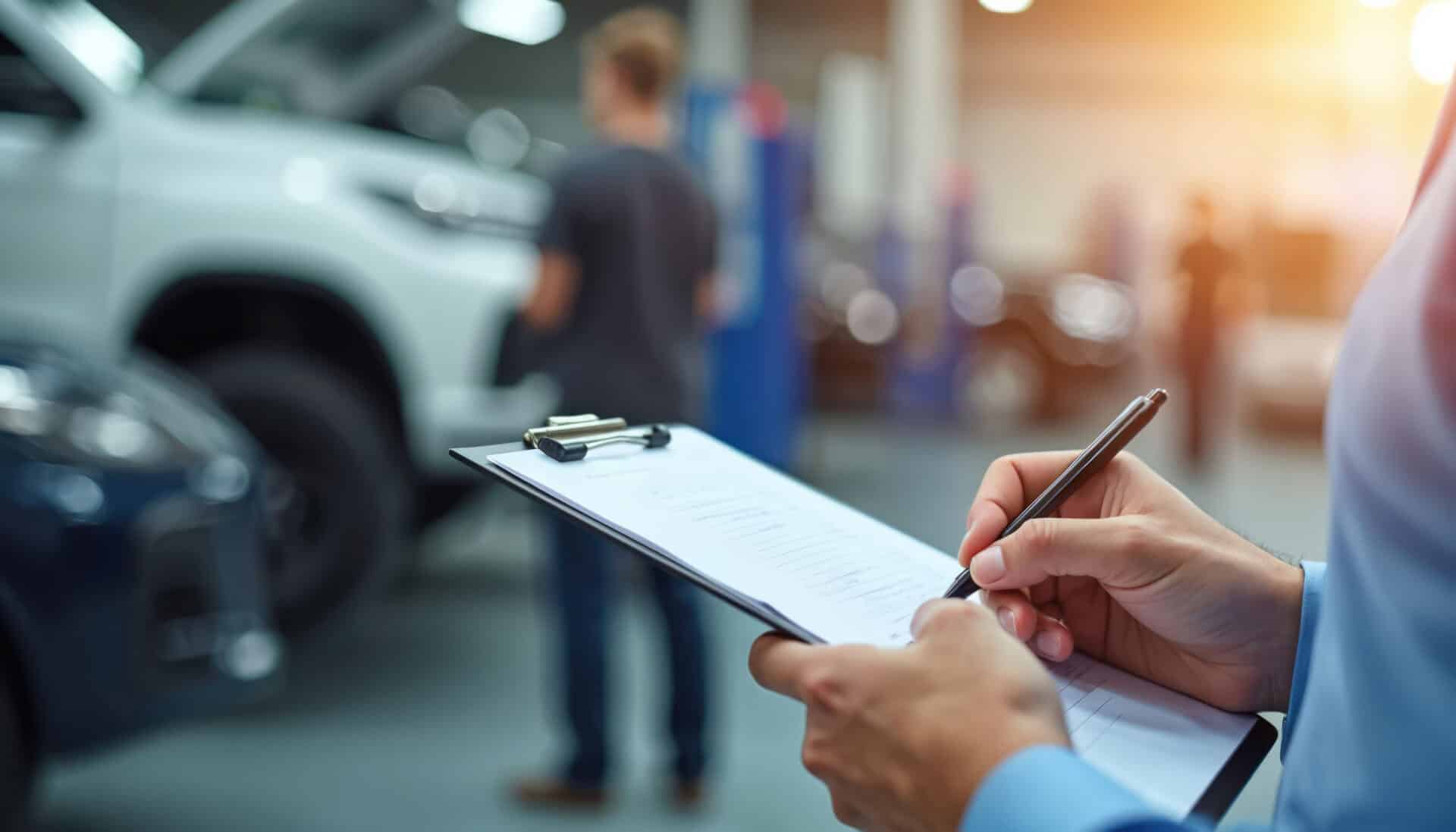 Person with clipboard writes notes in car repair shop. Mechanic checks auto service report near vehicles indoor. Professional assesses vehicle condition for customer.