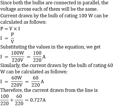 Parallel lamps: I1=100/220A, I2=60/220A, total I=160/220=0.727A current drawn power formula application