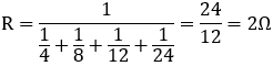 Four coils: (a) series Rs=4+8+12+24=48Ω highest (b) parallel 1/Rp=1/4+1/8+1/12+1/24, Rp=2Ω lowest