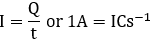 Current unit definition: I=Q/t formula, 1 ampere equals 1 coulomb per second 1A=1Cs^-1 unit derivation