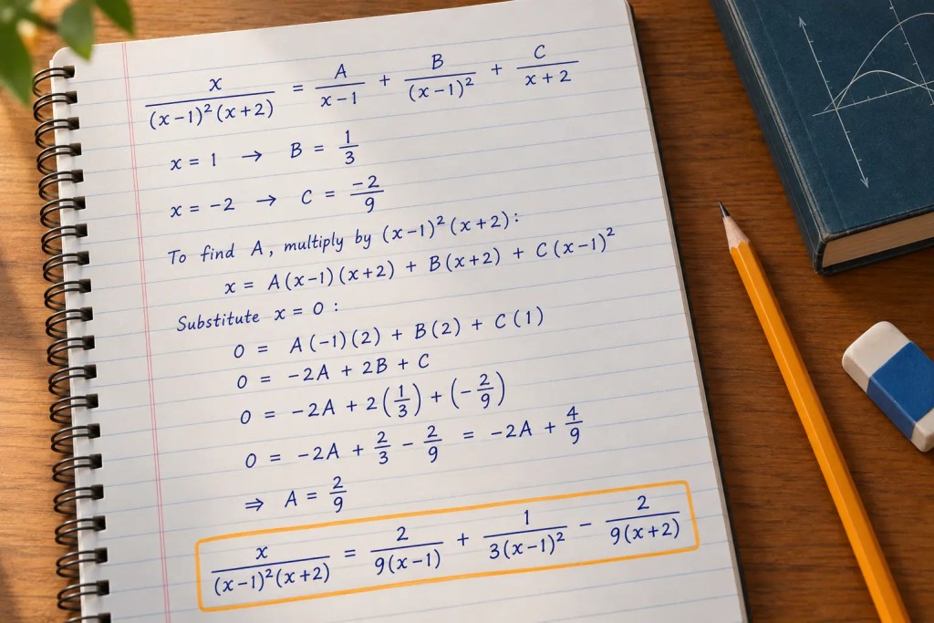 Worked partial fractions example in a student's notebook, splitting x over (x − 1) squared times (x + 2) into three simpler fractions