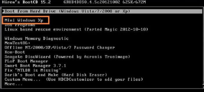 Load Mini Windows XP From first Boot Screen.