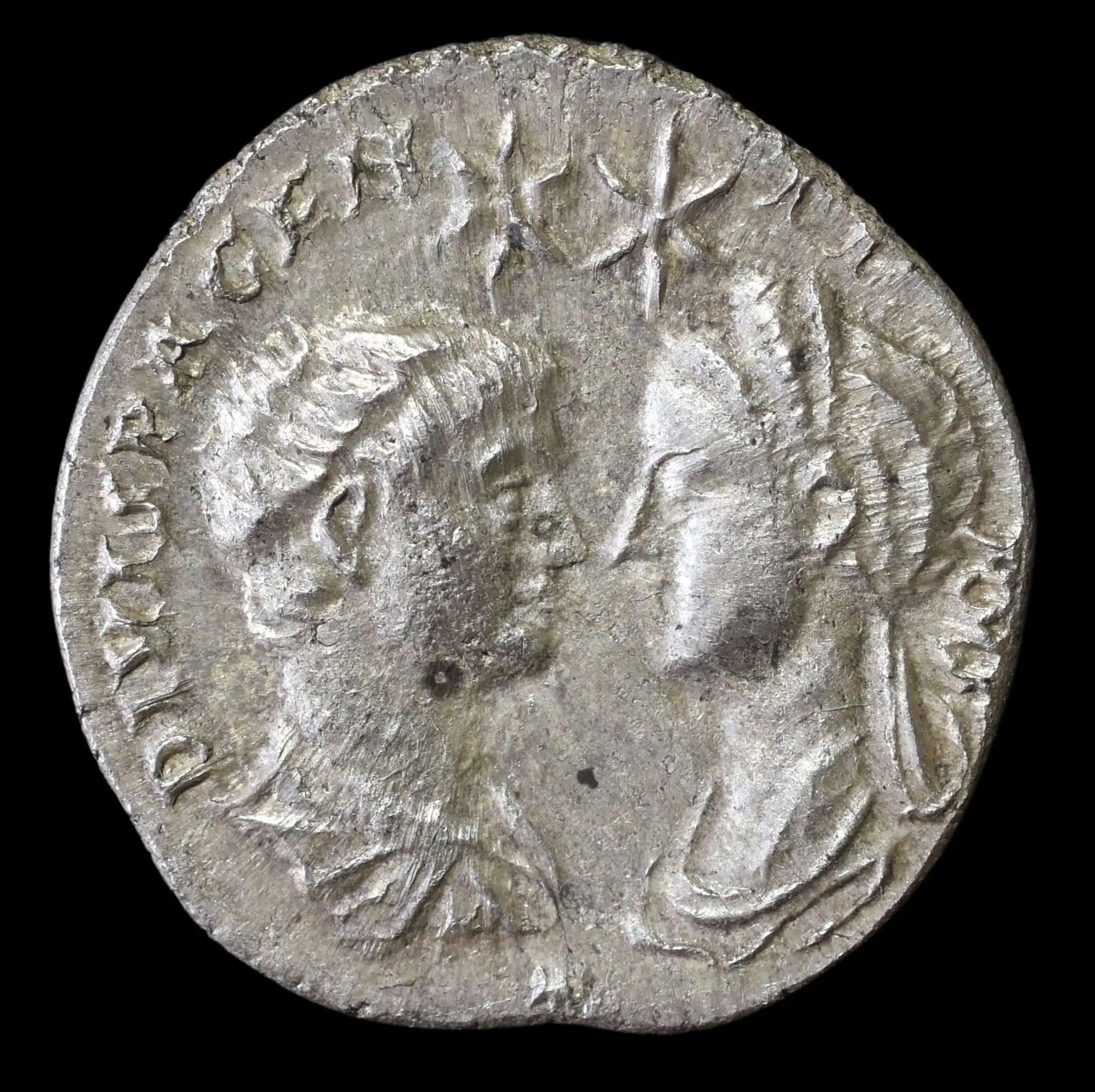 Hadrian with Trajan and Plotina silver denarius reverse on black background