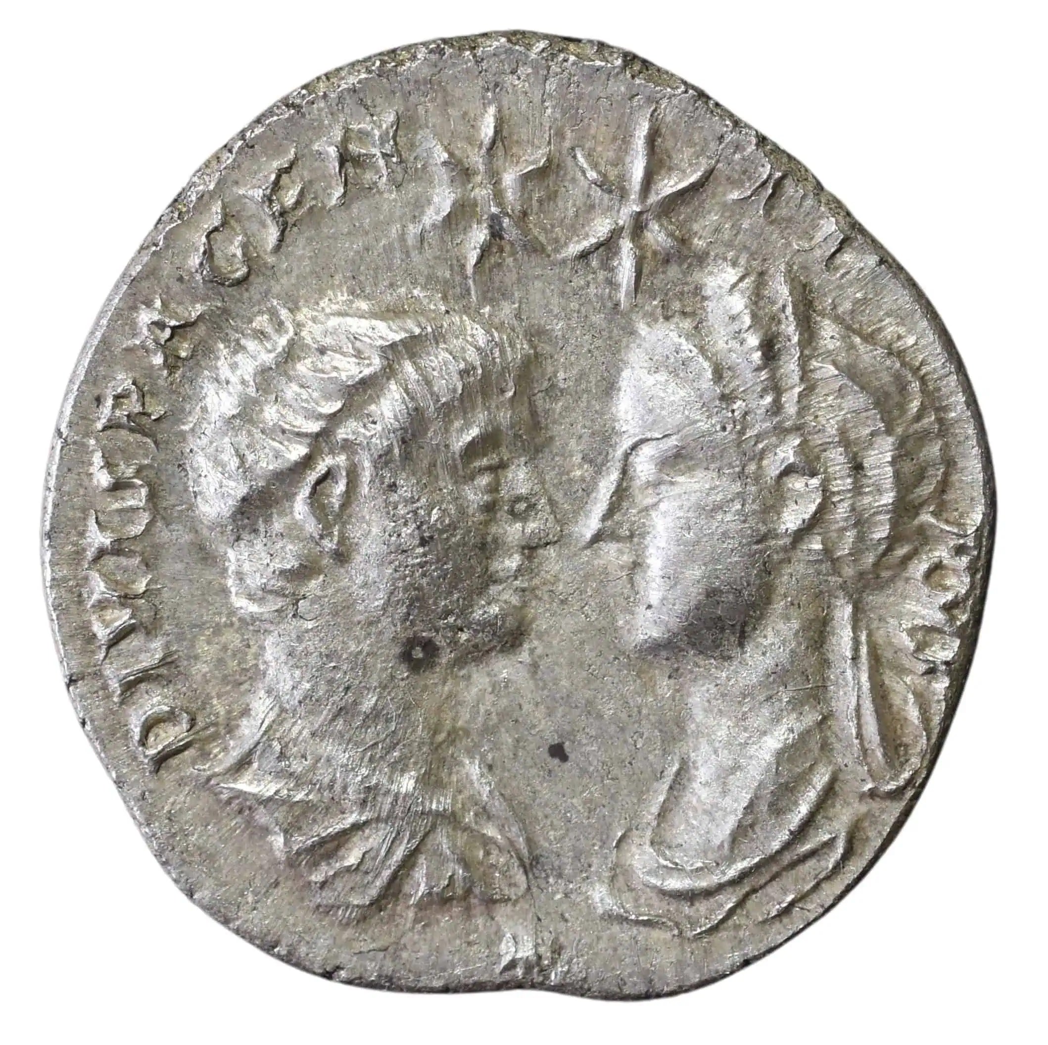 Hadrian with Trajan and Plotina silver denarius reverse on white background