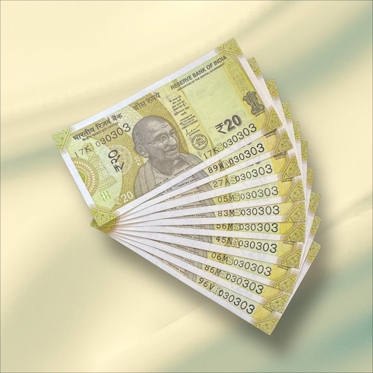 Rs 20 India Banknote Triple Number 10 Note Set Number 030303 Gem Unc Very Unique and Rare