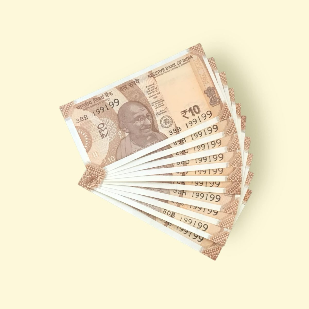 Rs 10/- India Bank Note 10 Note Same Number Set 199199 GEM UNC