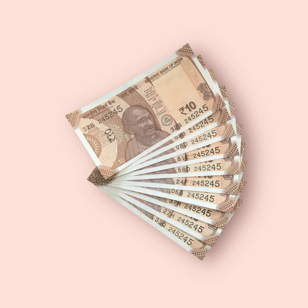 Rs 10/- India Bank Note Semi Fancy 10 Note Same Number Set 245245 Unique and Rare