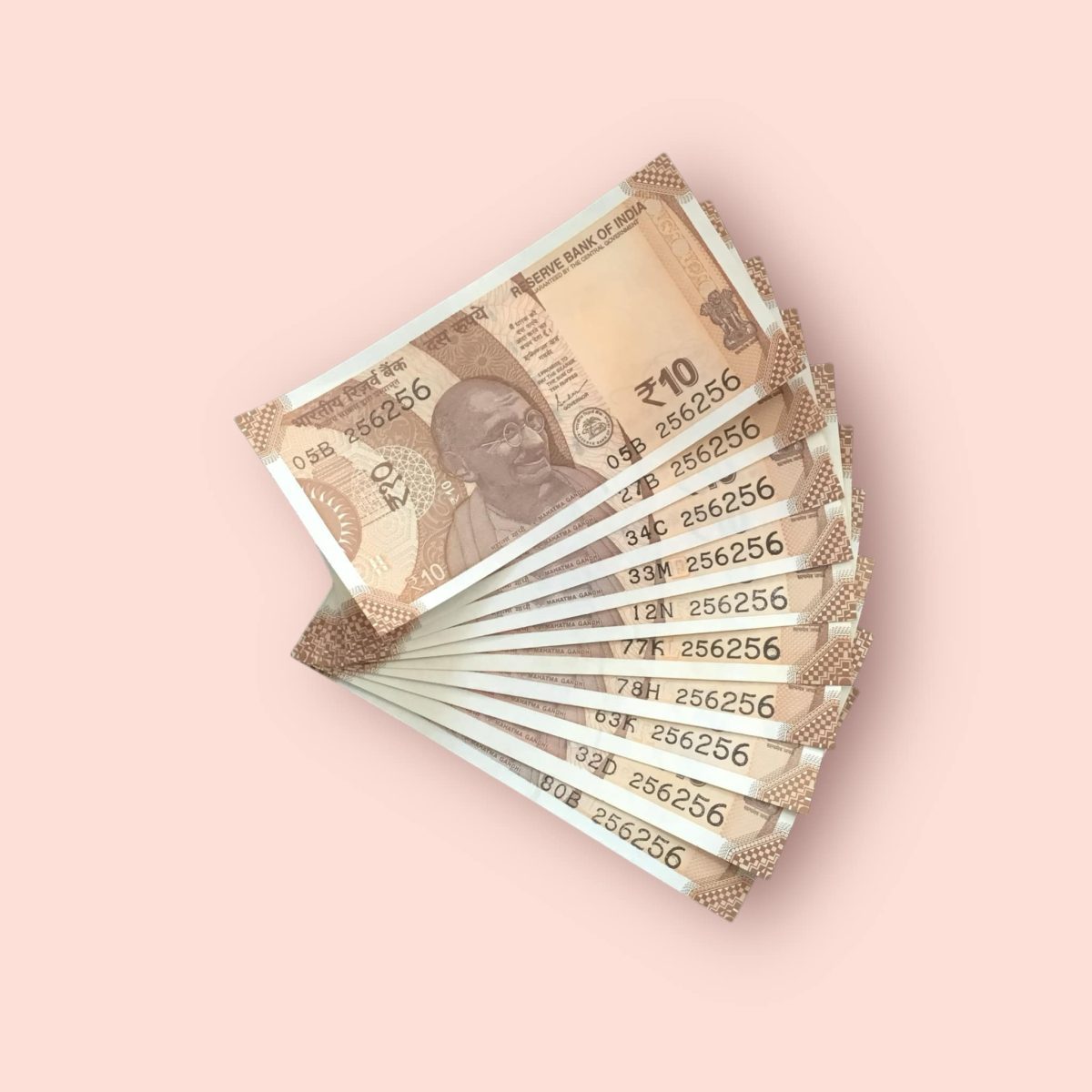 Rs 10/- India Bank Note Semi Fancy 10 Note Same Number Set 256256 Unique and Rare