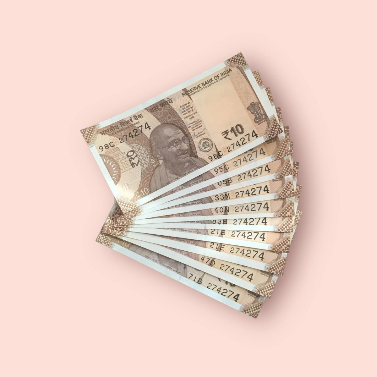 Rs 10/- India Bank Note Semi Fancy 10 Note Same Number Set 274274 Unique and Rare