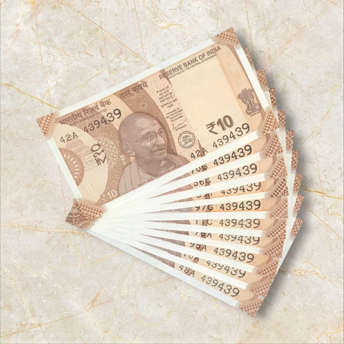 Rs 10/- India Bank Note Semi Fancy 10 Note Same Number Set 439439 Unique and Rare