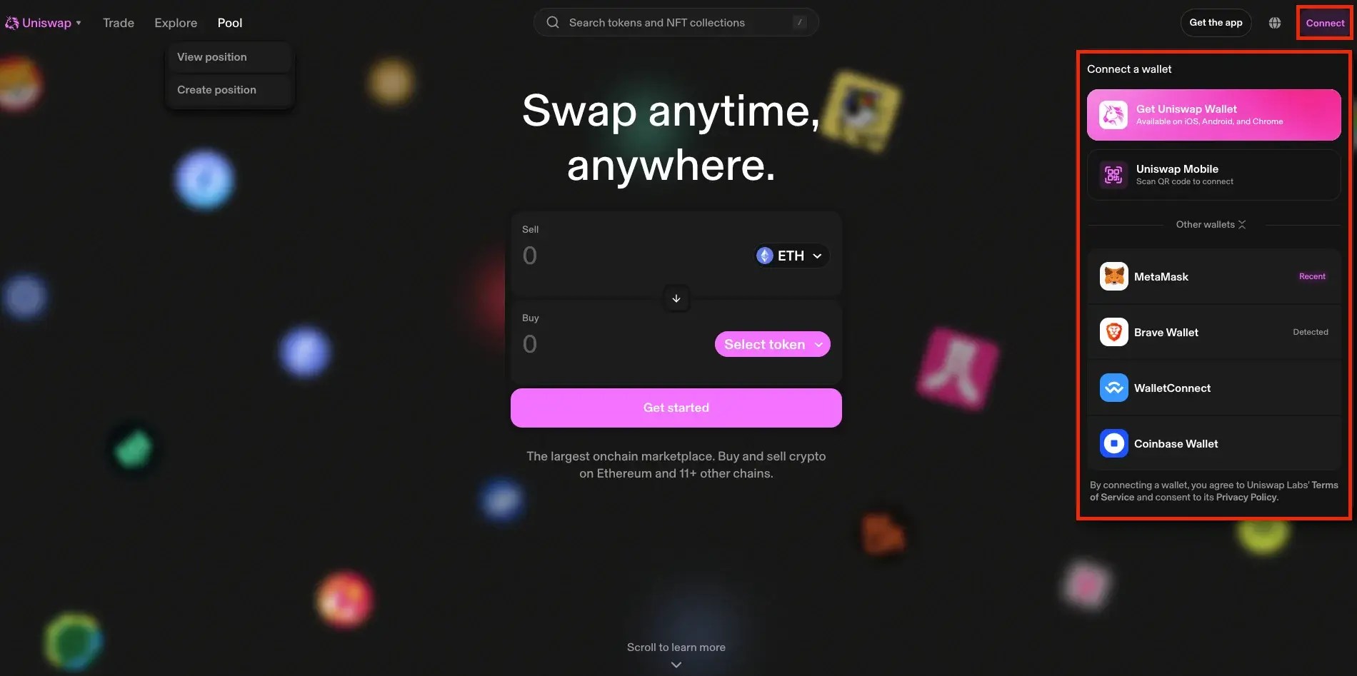 Step 1. Access the Uniswap Official Website to Launch the App and Press the "Connect" Button