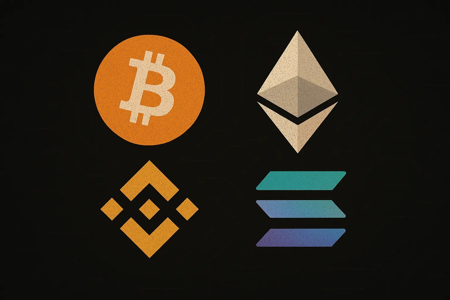 bitcoin logo, ethereum logo, binance coin bnb logo, solana logo, crypto logos