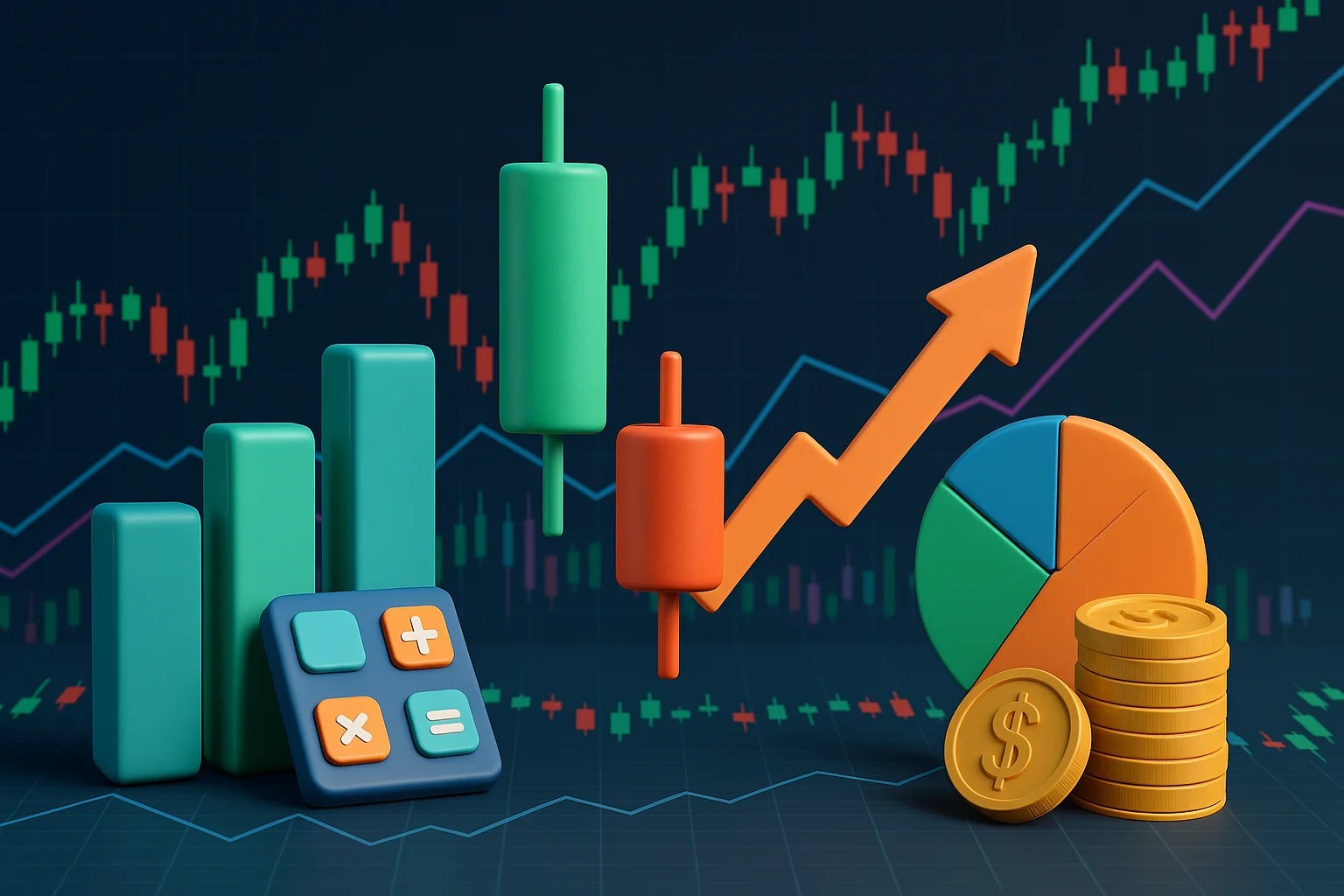 Trading Elements - market chart, dollar coins, candlesticks
