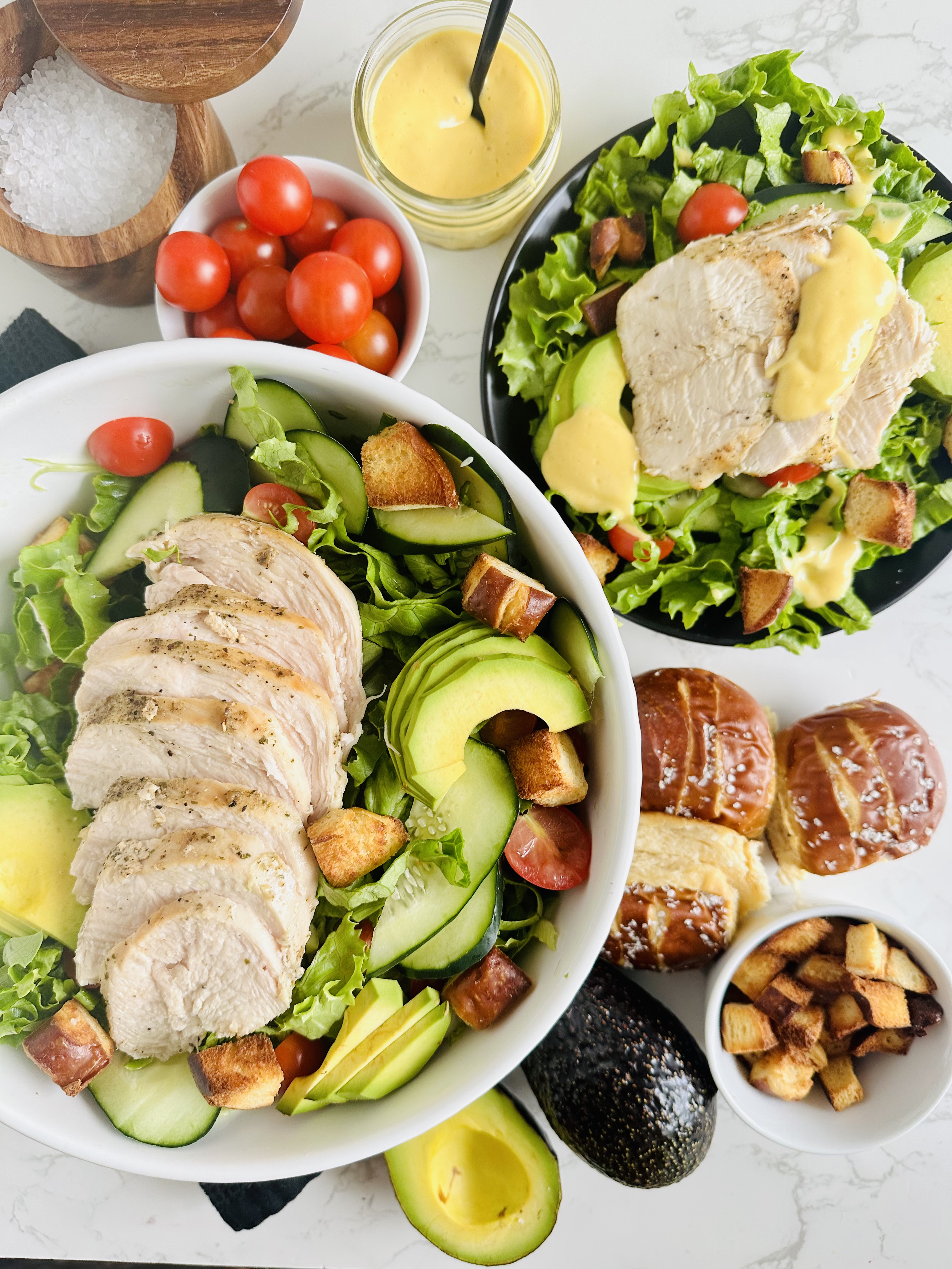 Green Chicken Salad with Pretzel Croutons