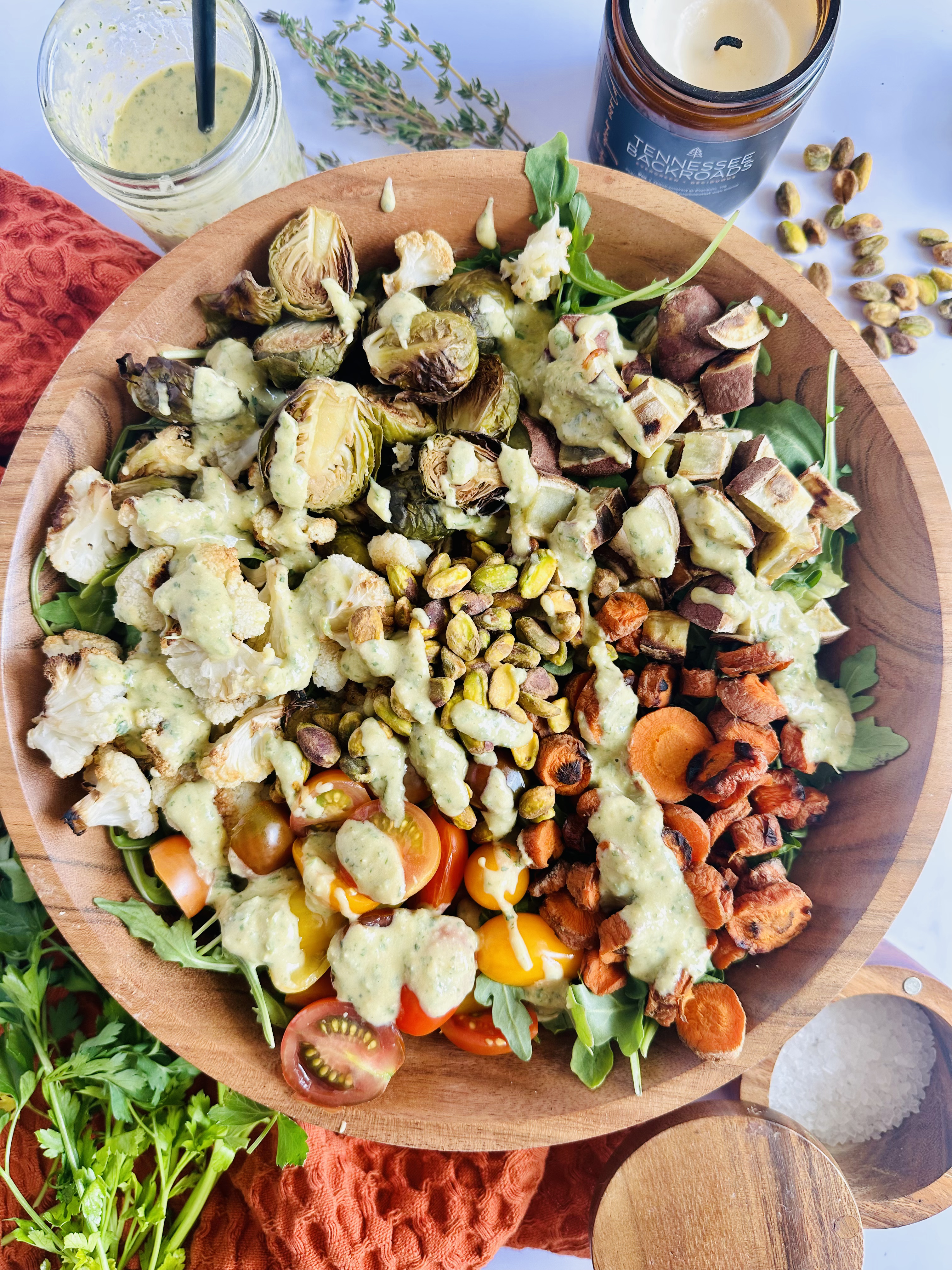 Roasted Vegetable Salad with Vegan Green Godess Dressing