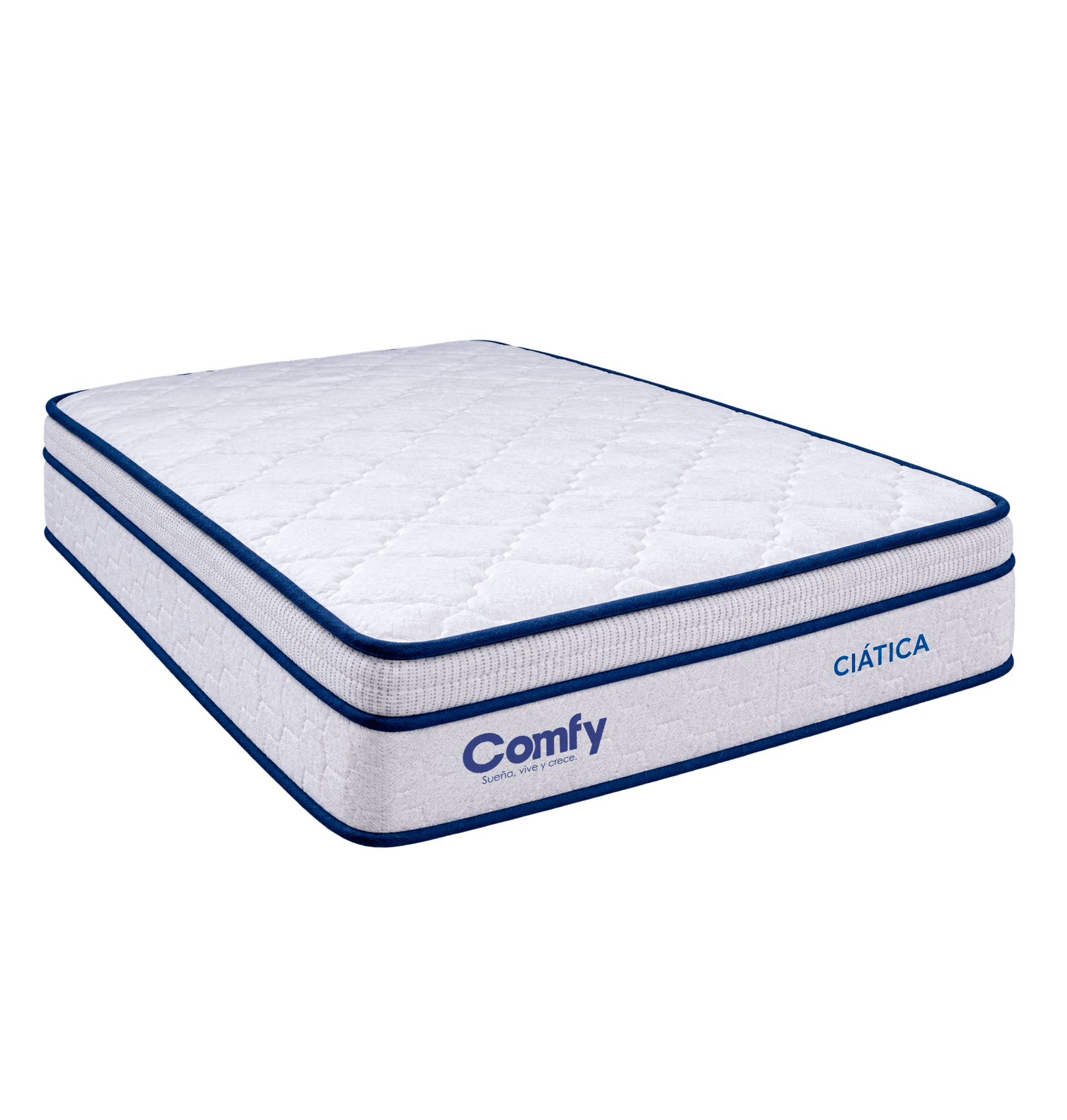 Colchón Comfy Ciática visto en ángulo, con pillow top y ribete azul