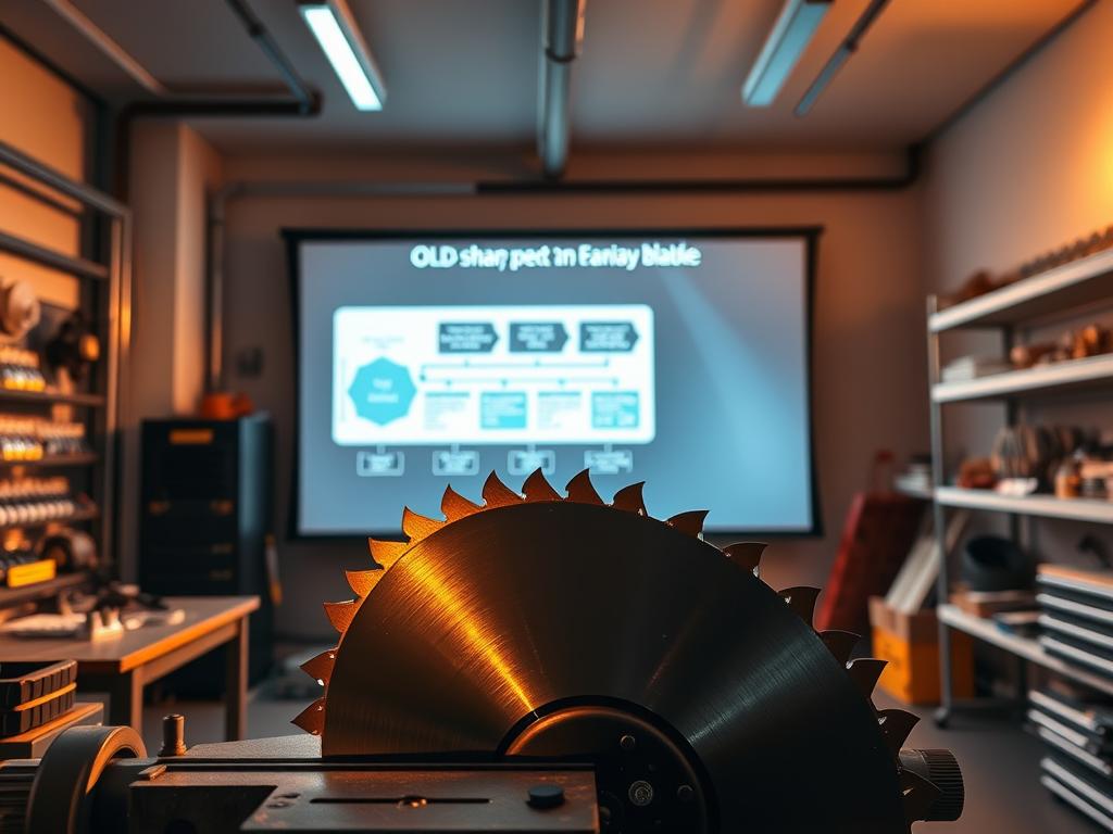 A sleek, modern workshop interior with a focus on a central blade sharpening workstation. The space is bathed in warm, directional lighting that casts dramatic shadows, highlighting the precision tools and equipment. In the foreground, a state-of-the-art cold saw blade rests on a specialized sharpening jig, its sharp edges gleaming. The middle ground features a workflow diagram projected onto a large wall-mounted display, illustrating the efficiency gains of professional blade maintenance. The background showcases neatly organized shelves of replacement blades and other accessories, conveying a sense of streamlined organization. The overall atmosphere is one of focused productivity and technological refinement. A sleek, modern workshop interior with a focus on a central blade sharpening workstation. The space is bathed in warm, directional lighting that casts dramatic shadows, highlighting the precision tools and equipment. In the foreground, a state-of-the-art cold saw blade rests on a specialized sharpening jig, its sharp edges gleaming. The middle ground features a workflow diagram projected onto a large wall-mounted display, illustrating the efficiency gains of professional blade maintenance. The background showcases neatly organized shelves of replacement blades and other accessories, conveying a sense of streamlined organization. The overall atmosphere is one of focused productivity and technological refinement.