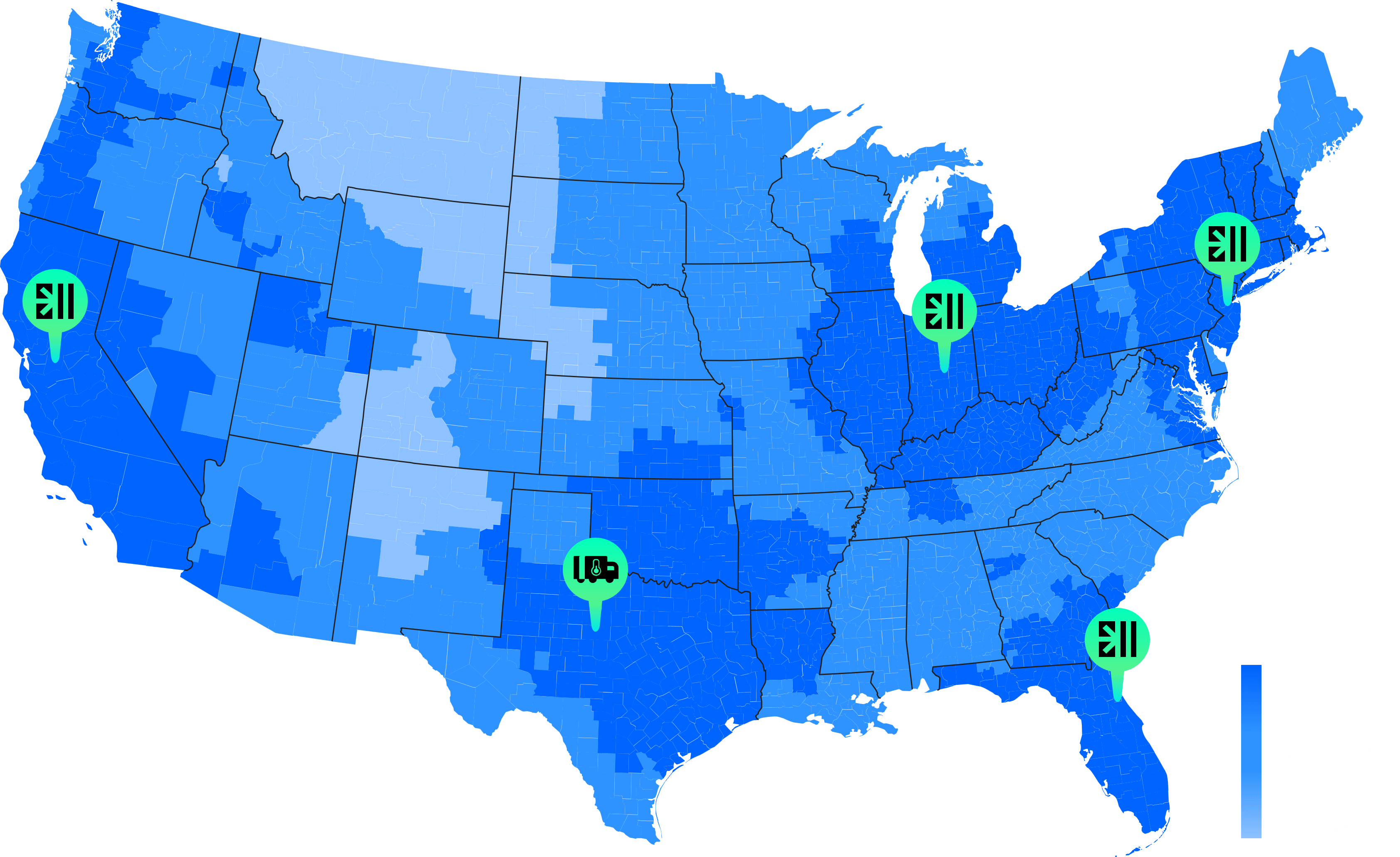 A map depicting ColdTrack's network and time-in-transit coverage areas
