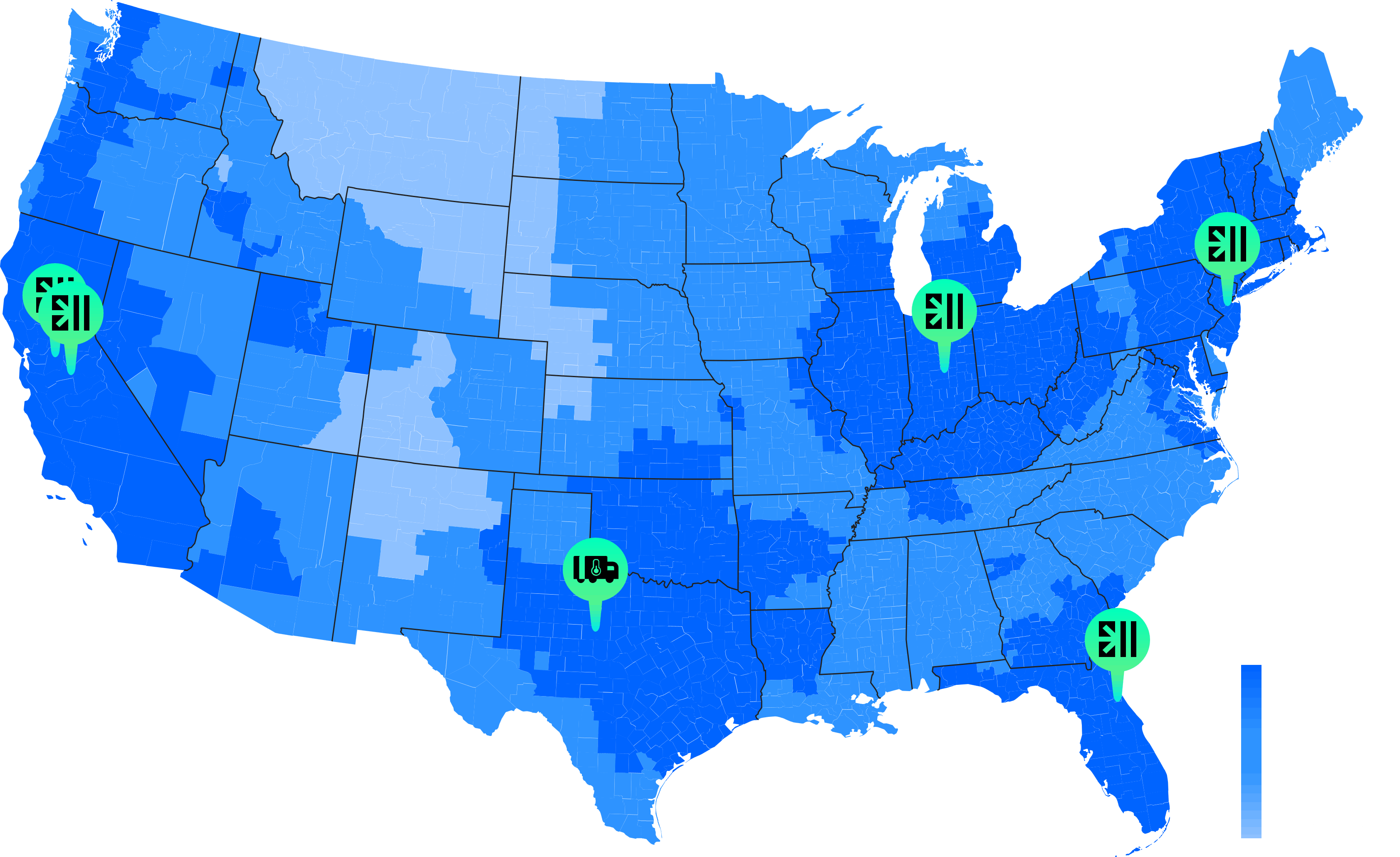 ColdTrack's latest map of the USA showing the 1 and 2 day time in transit delivery zones from its directly operated facilities in California, Indianapolis, New Jersey, and Florida