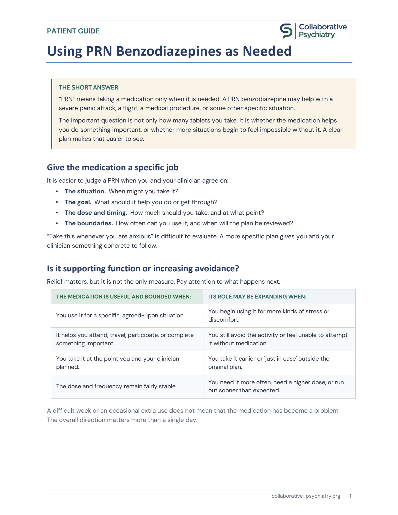 Preview of Patient Guide – Using a Benzodiazepine as Needed