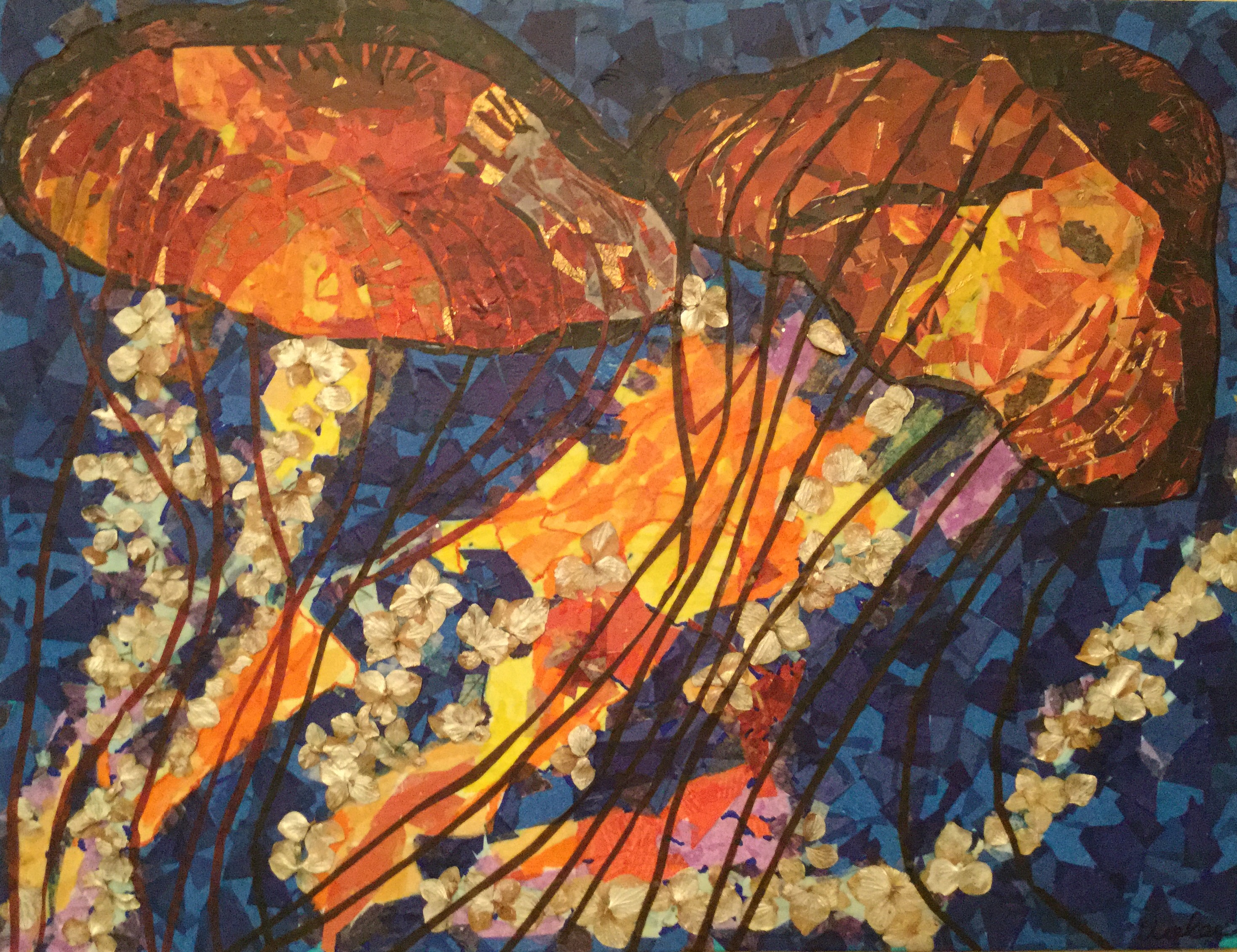 18" x 24", Paper and hydrangea blossoms