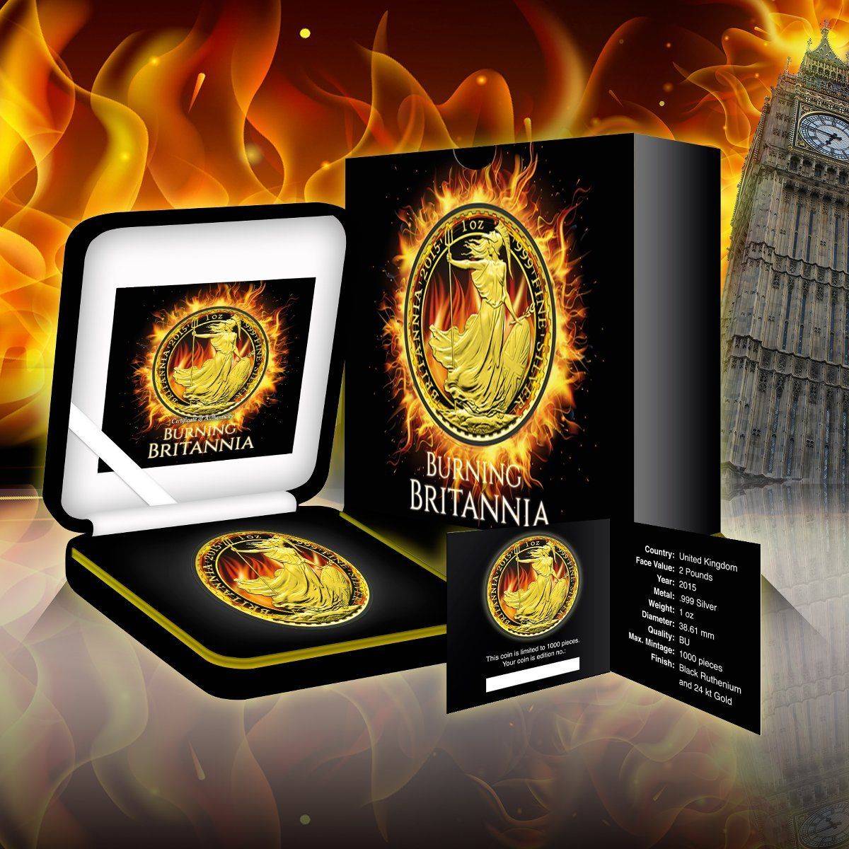 コレクション 2015 1oz Silver Coin Burning Britannia Burning Britannia Ruthenium 24K Gold Plated Silver Coin 1oz 2015