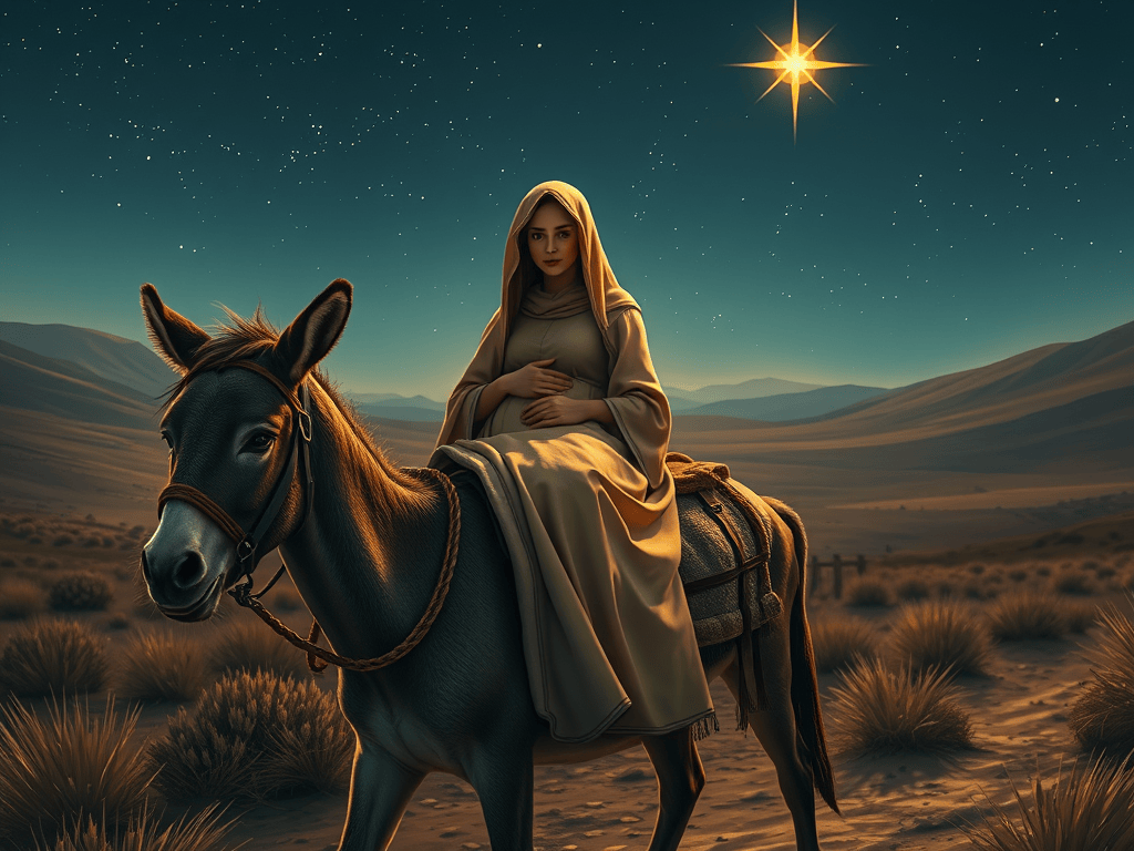 A serene landscape featuring a woman in a robe riding a donkey, under a starry night sky with a bright star shining above, symbolizing the journey to Bethlehem.