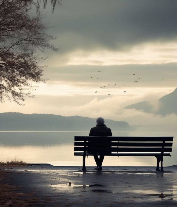 An elderly person sitting on a park bench by a calm lake, surrounded by misty mountains and birds flying in the sky.