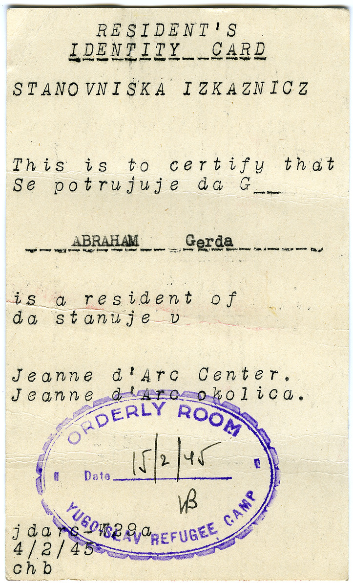 Document experts in all eu member states and in iceland, norway and switzerland . Gerda Abraham S Resident S Identity Card Issue To Her In The Jeanne D Arc Refugee Camp In Philippeville Algeria Collections Search United States Holocaust Memorial Museum