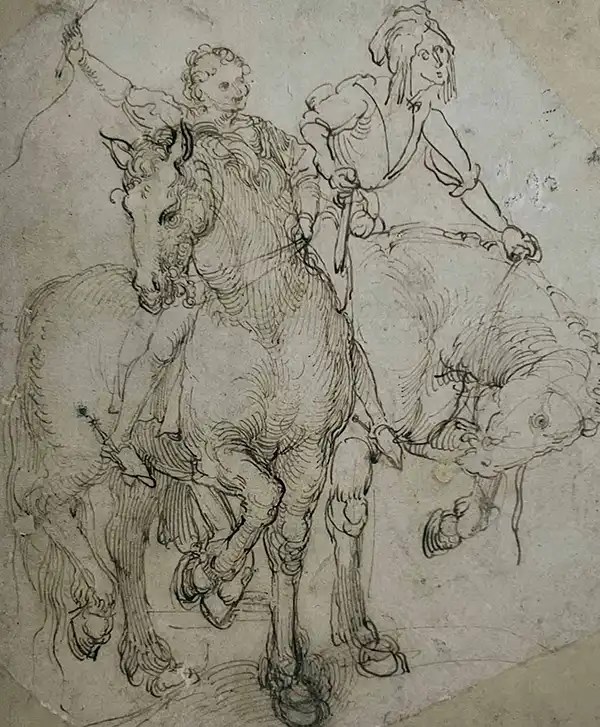 Albrecht Dürer, Due cavalieri, disegno a penna, Monaco di Baviera, Staatliche Graphische Sammlungen