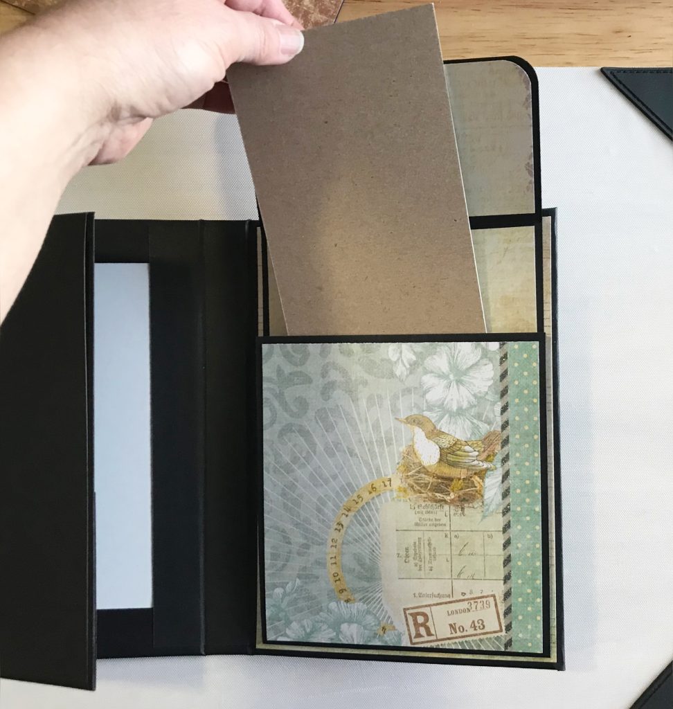 Photo showing the finished gusseted pocket on the inside right cover.