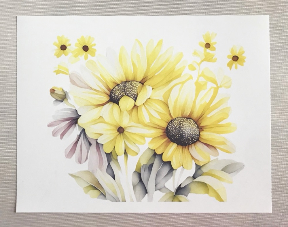 Photo of the sunflower image from Creative Fabrica printed onto a piece of sublimation paper from the SureColor F170 Sublimation printer.